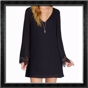 Tobi V Neck Black Lace Bell Sleeve Dress